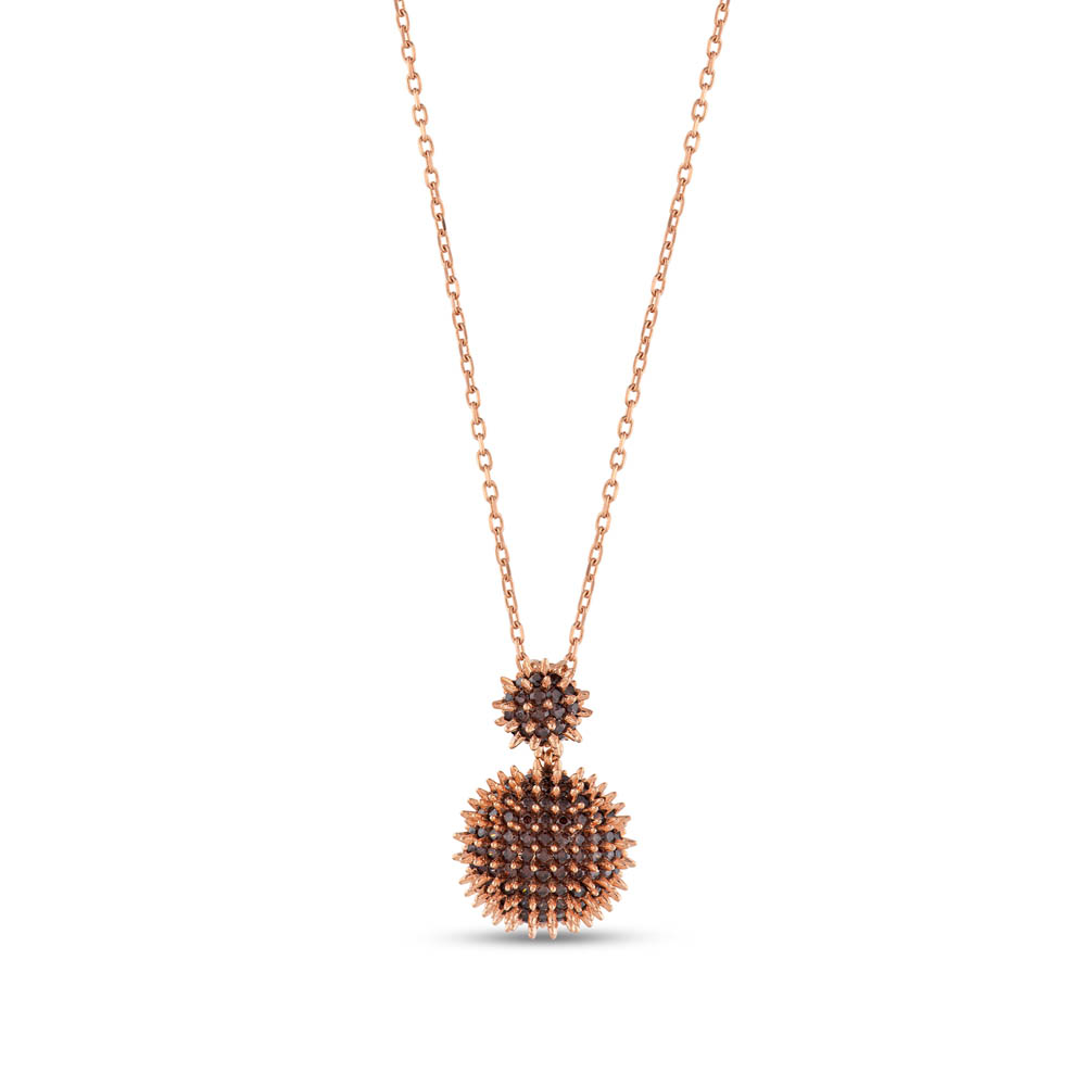 Hedgehog Kahverengi Yarım Top-Altı Düz Rose Altın Renkli Gümüş Kolye