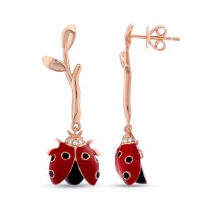 Ladybee Kırmızı Uğurböceği ve Yaprak Tasarımlı Gümüş Küpe
