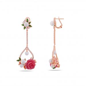 Rosered Dört İncili Gül Tasarımlı Rose Altın Renkli Gümüş Küpe