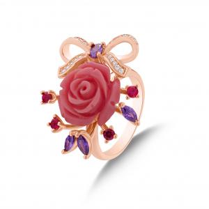 Rosered Kurdeleli Gül Tasarımlı Rose Altın Renkli Gümüş Yüzük